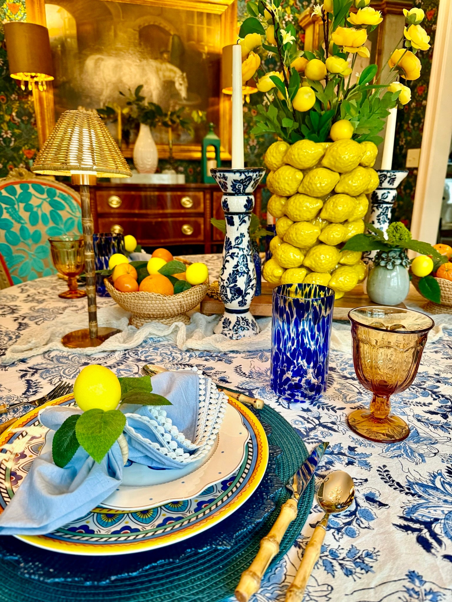 Azure Flora - Blue and White Block Print Tablecloth