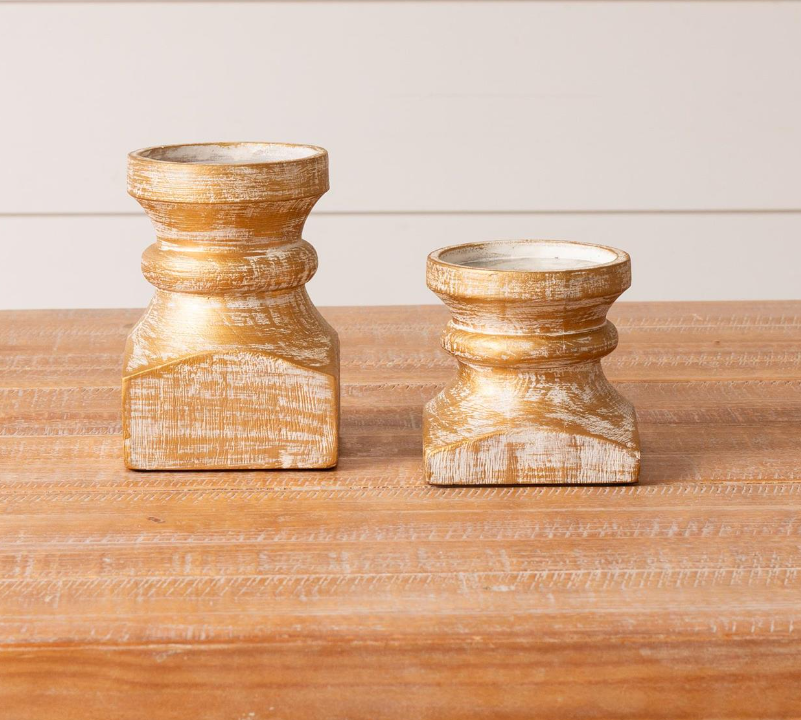 Mango Wood Brushed Gold Candle Holder - Short (1)