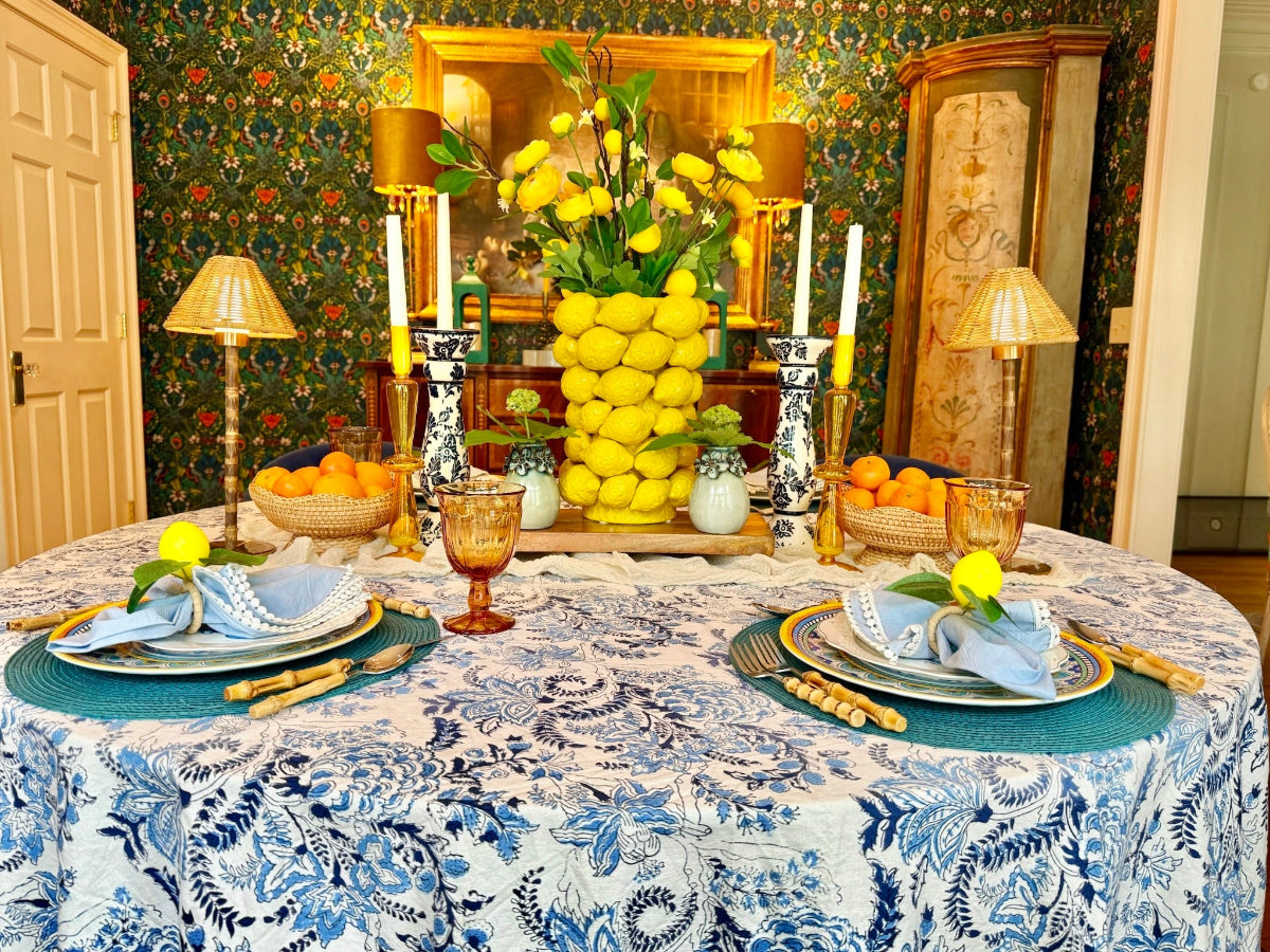 Azure Flora - Blue and White Block Print Tablecloth