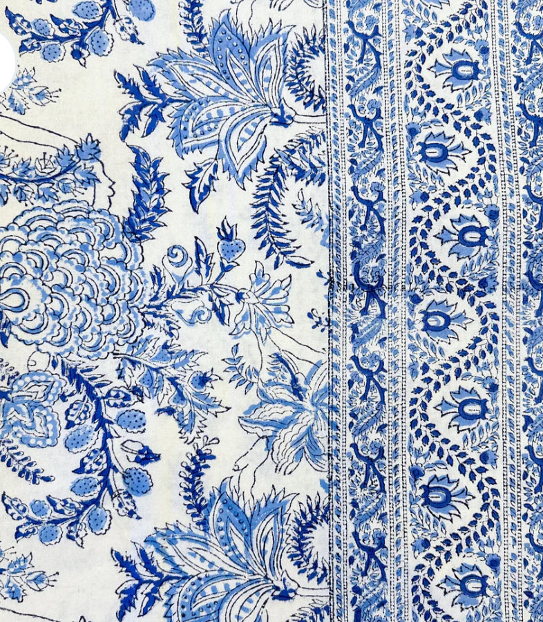 Azure Flora - Blue and White Block Print Tablecloth