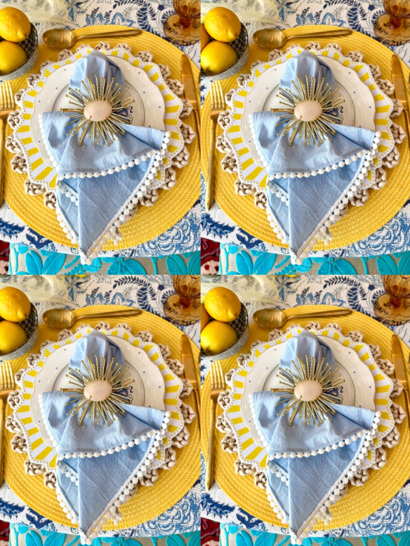 Set of 4 - Circle Lace Trim Linen Napkins