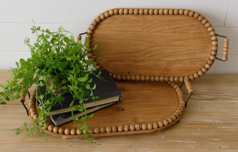 Farmhouse Oval Wood Oval Tray with Beaded Edge - Large