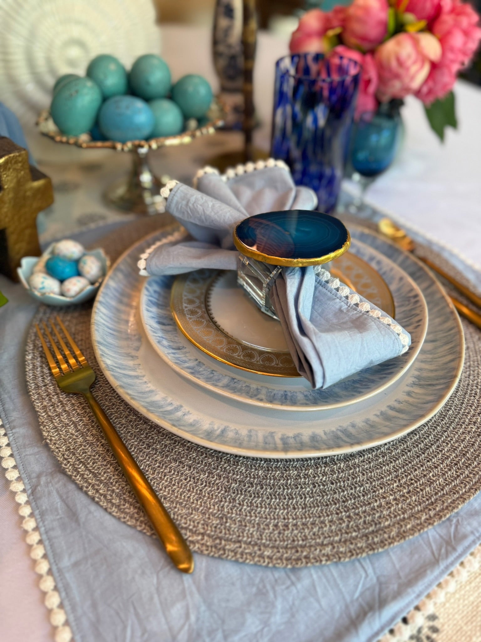 Set of 4 - Circle Lace Trim Linen Napkins