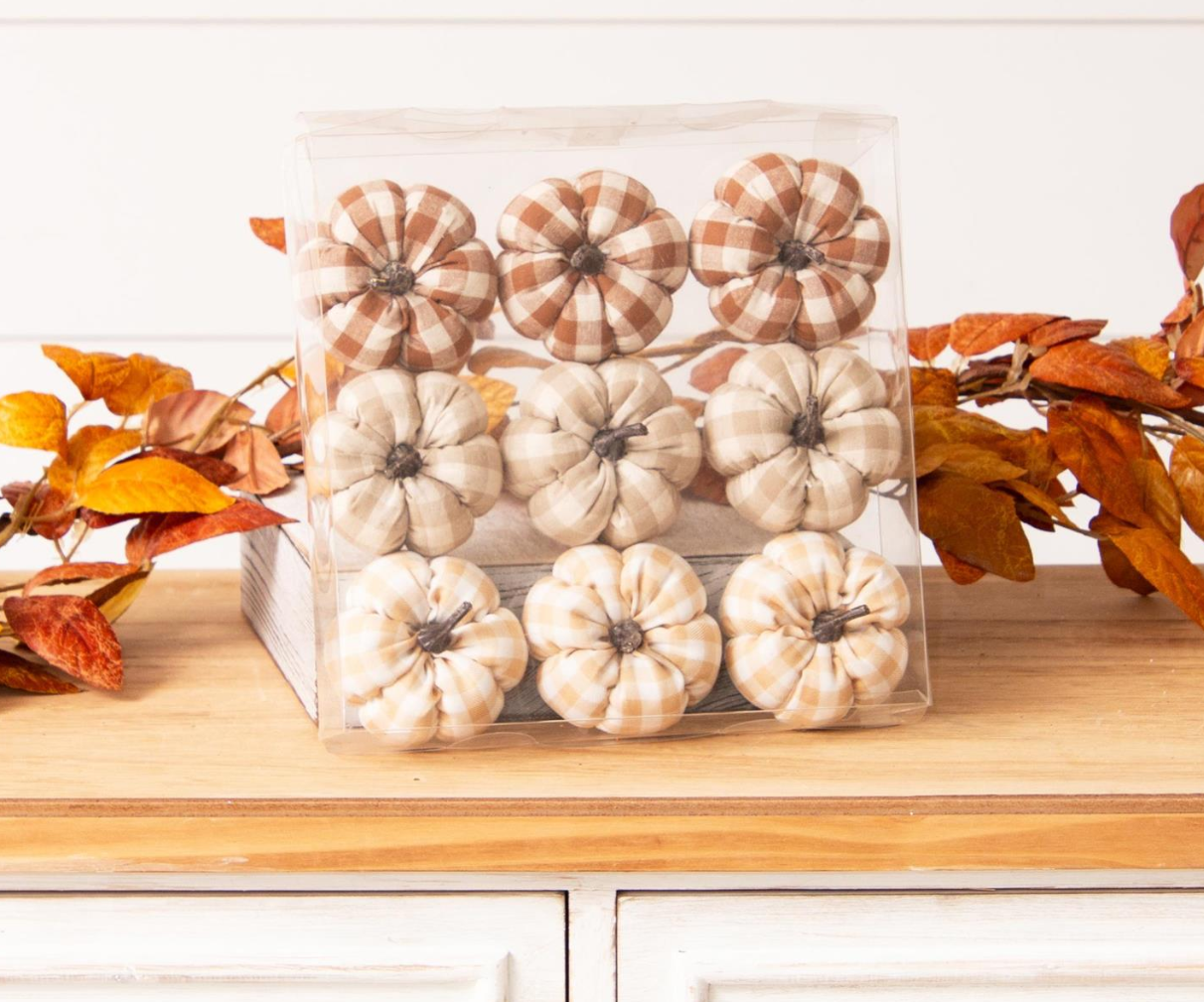 Fun Farmhouse Tan Plaid Mini Pumpkins