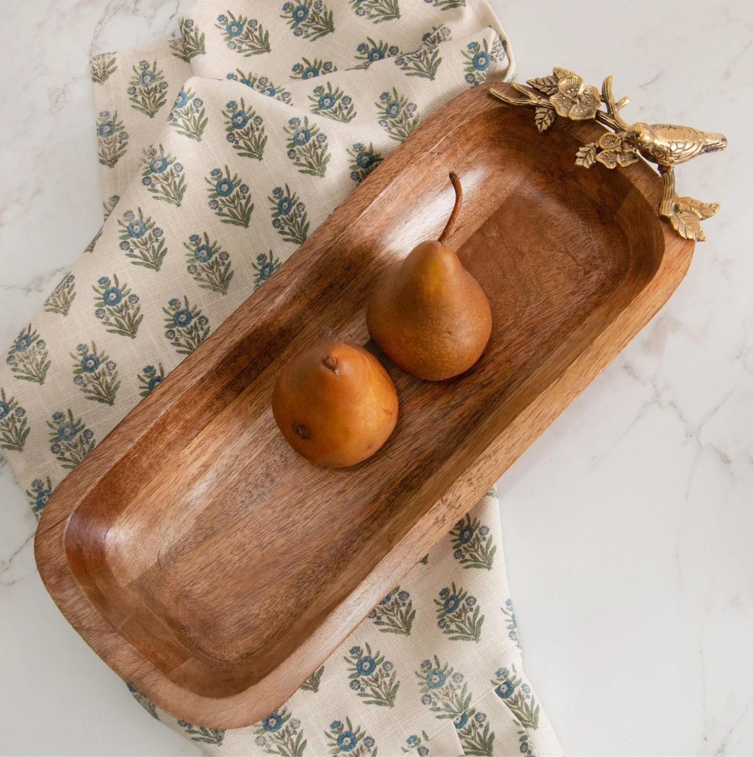 Mango Wood Charcuterie Bowl with Brass Bird on Branch