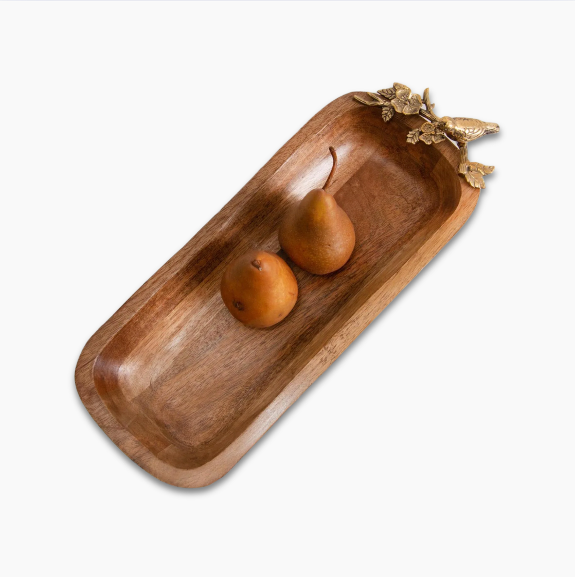 Mango Wood Charcuterie Bowl with Brass Bird on Branch